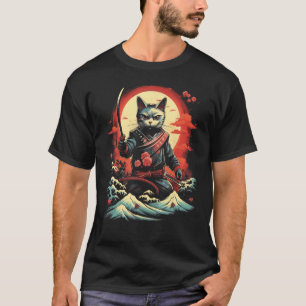 Japanese Samurai Ninja Cat Retro  Tattoo Graphic # T-Shirt