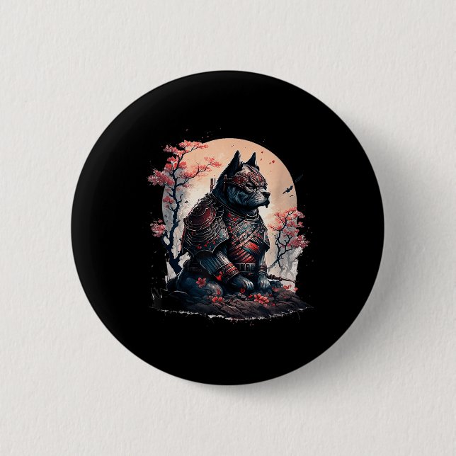 Japanese Samurai Ninja Dog Tattoo Graphic For Men  Button (Front)