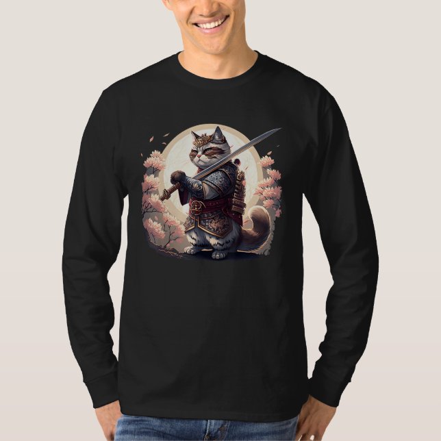 Japanese Samurai Ninja Kawai Cat  Design T-Shirt (Front)