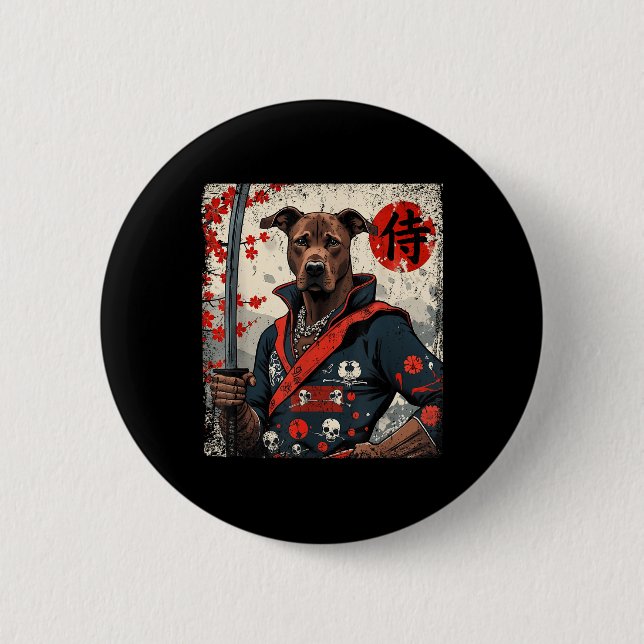 Japanese Samurai Pitbull Tattoo Kawaii Ukiyo-e Nin Button (Front)