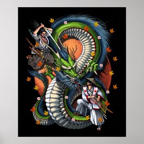 Japanese Samurai vs Dragon Poster