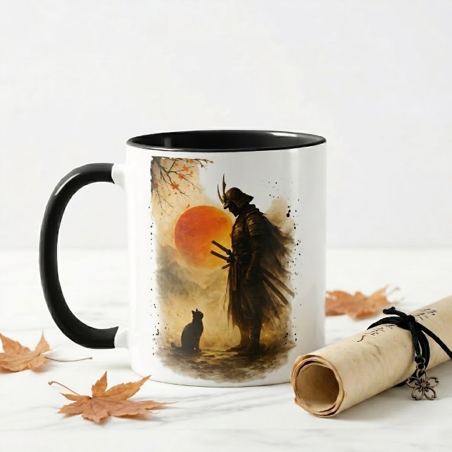  Japanese Samurai Warrior & Black Cat Coffee  Mug (Creator Uploaded)