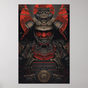Japanese Samurai Warrior in Red Face Armor Poster