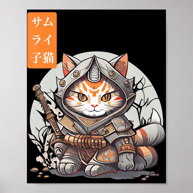 Japanese Samurai Warrior Kawaii Cat Anime Lover  Poster (Front)