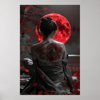 Japanese samurai woman with tattoo under full moon poster