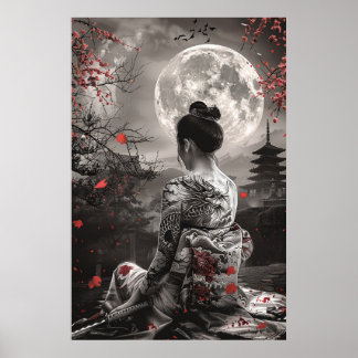 Japanese samurai woman with tattoo under full moon poster