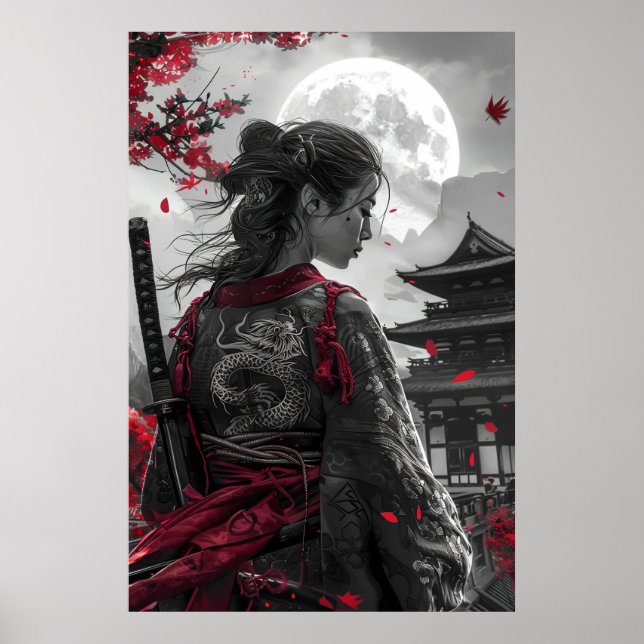 Japanese samurai woman with tattoo under full moon poster (Front)