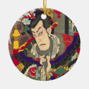 Japanese Samurai Woodblock Print Ceramic Ornament