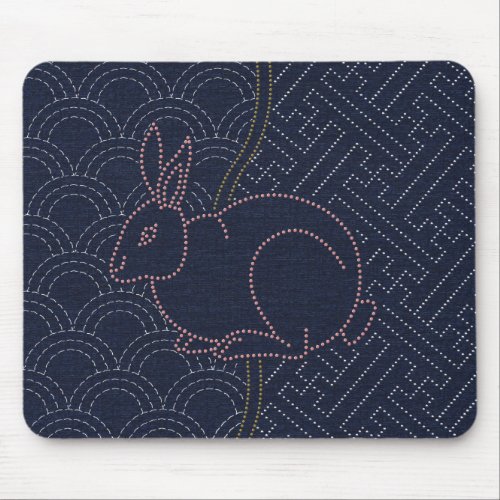 Japanese sashiko rabbit 2 mouse pad