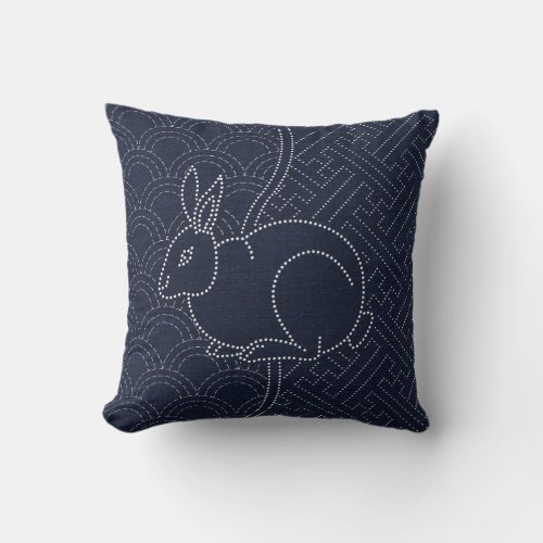 Japanese sashiko rabbit throw pillow