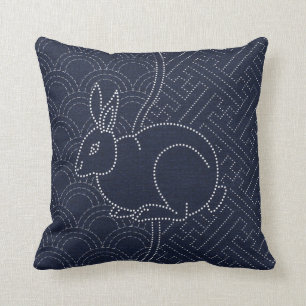 Japanese sashiko rabbit throw pillow