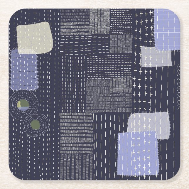 Japanese sashiko stiches resembling pattern square paper coaster (Front)