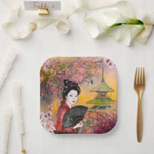 Japanese Scene With A Woman Paper Plates