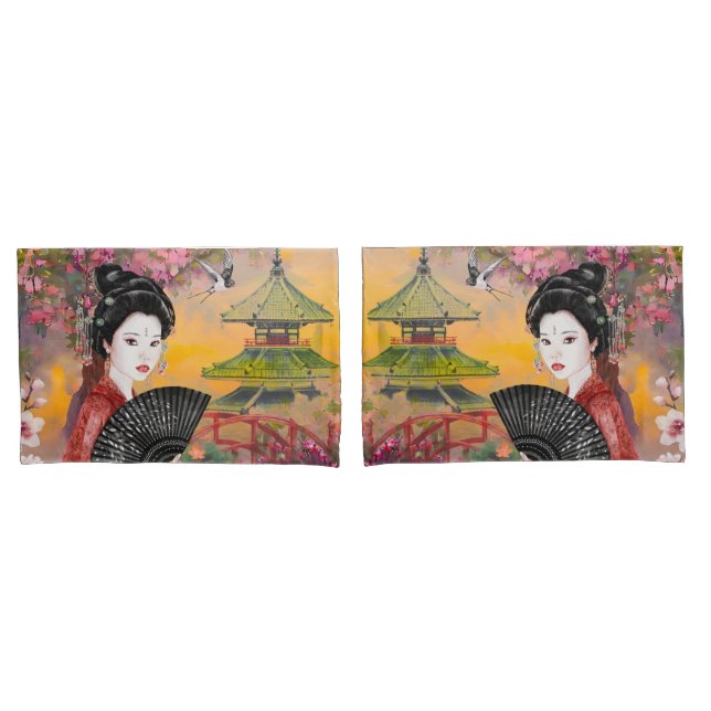 Japanese Scene With A Woman Pillow Case (Front-Set)