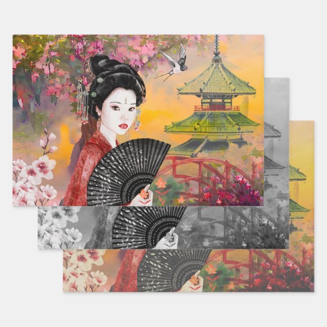 Japanese Scene With A Woman Wrapping Paper Sheets (Set)
