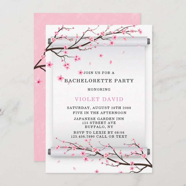 Japanese Scroll Cherry Blossom Bachelorette Party Invitation (Front/Back)