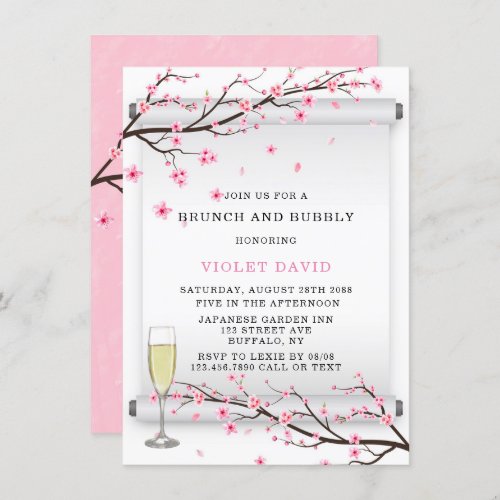 Japanese Scroll Cherry Blossom Brunch  Bubbly Invitation