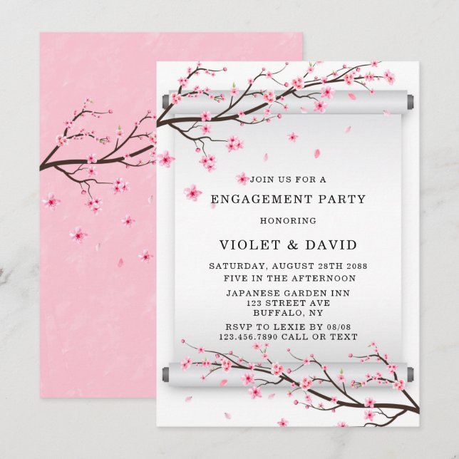 Japanese Scroll Cherry Blossom Engagement Party Invitation (Front/Back)