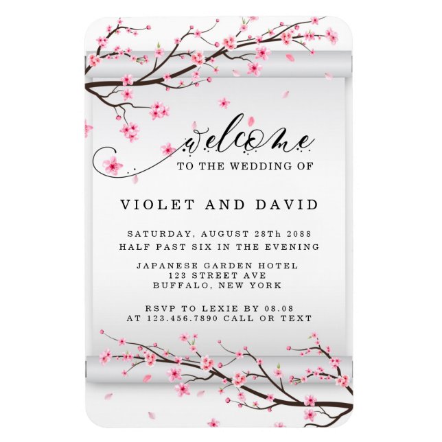 Japanese Scroll Cherry Blossom Wedding Invitation Magnet (Vertical)