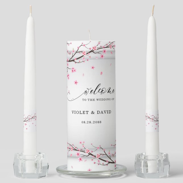 Japanese Scroll Cherry Blossom Wedding Unity Candle Set (Front)