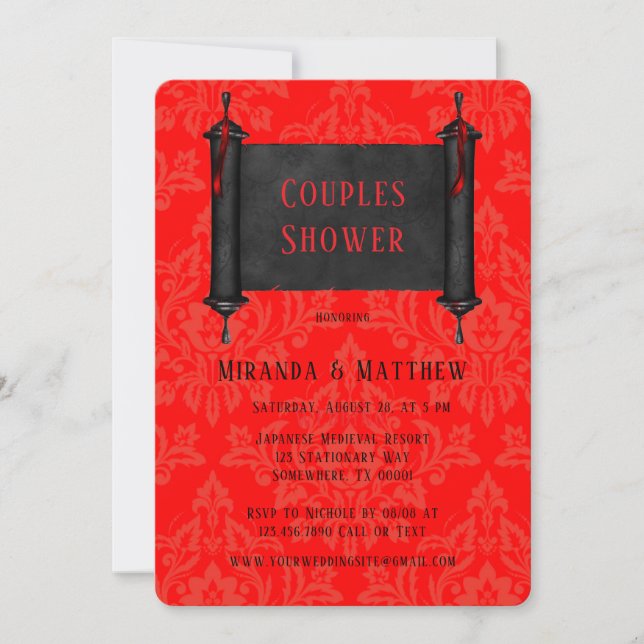 Japanese Scroll Red Black Damask Couples Shower Invitation (Front)