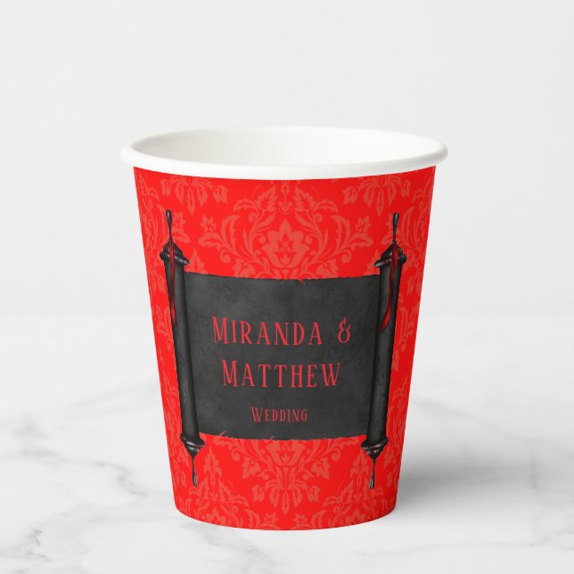 Japanese Scroll Red Black Damask Wedding Paper Cups (Front)