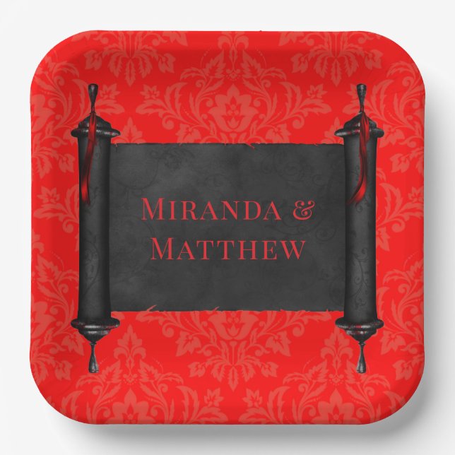 Japanese Scroll Red Black Damask Wedding Paper Plates (Front)