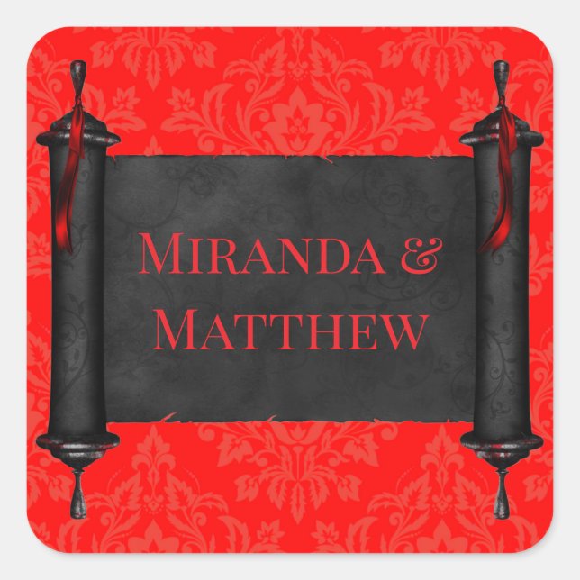 Japanese Scroll Red Black Damask Wedding Square Sticker (Front)