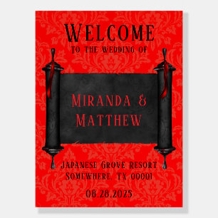 Japanese Scroll Red Black Damask Wedding Welcome Foam Board