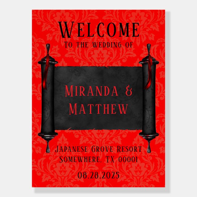 Japanese Scroll Red Black Damask Wedding Welcome Foam Board (Front)