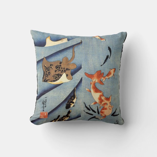Japanese Sea Life, Ancient Japanese art. c. 1800's Throw Pillow (Front)