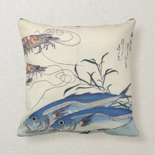 Japanese Sea Life Painting circa 1800's Throw Pillow