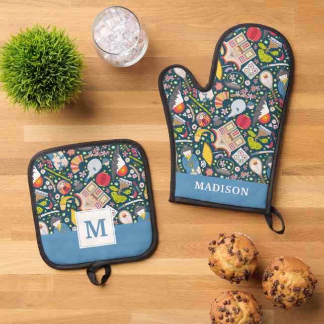 Japanese Seamless Pattern Oven Mitt & Pot Holder Set (Top Down)