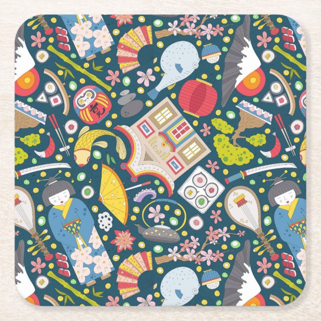 Japanese Seamless Pattern Square Paper Coaster (Front)