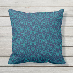 Japanese Seigaiha Blue Sea and Waves Outdoor Pillow