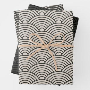 Japanese Seigaiha Wave   Black and Cream White Wrapping Paper Sheets
