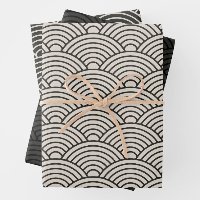 Japanese Seigaiha Wave | Black and Cream White Wrapping Paper Sheets (In situ)