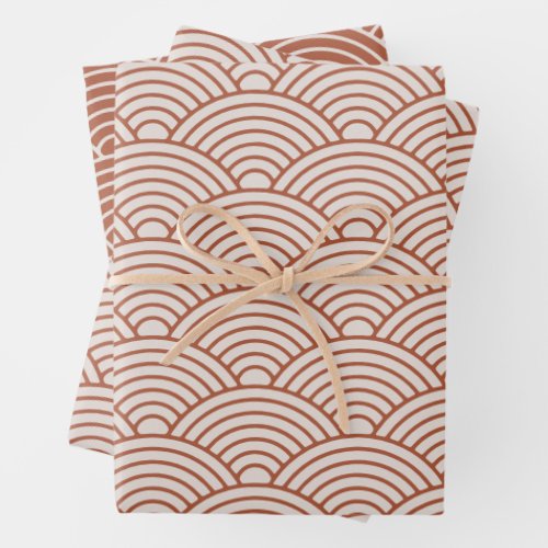 Japanese Seigaiha Wave  Boho Terracotta Brown Wrapping Paper Sheets