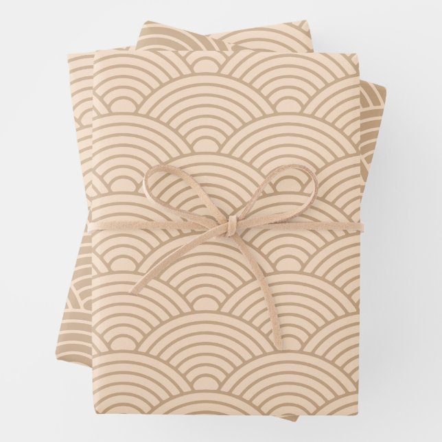 Japanese Seigaiha Wave | Neutral Camel Beige Wrapping Paper Sheets (In situ)