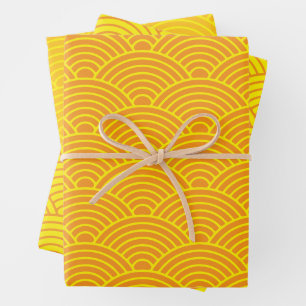 Japanese Seigaiha Wave   Orange and Yellow Wrapping Paper Sheets