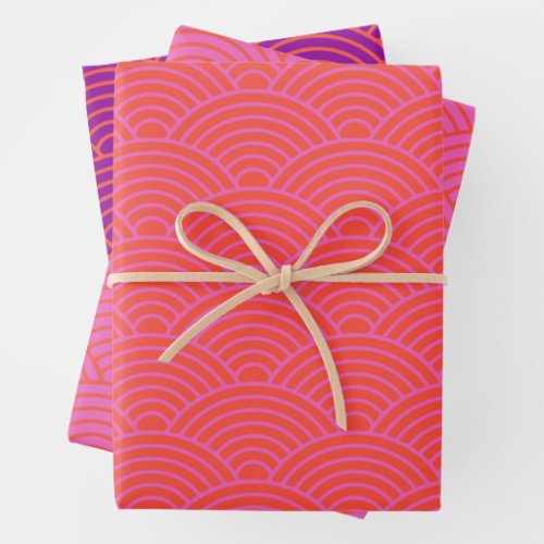 Japanese Seigaiha Wave  Orange Pink and Purple Wrapping Paper Sheets
