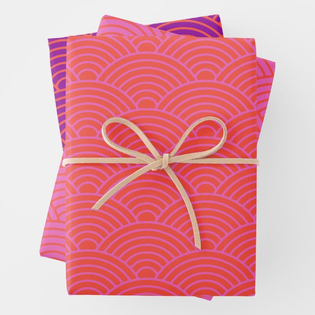 Japanese Seigaiha Wave | Orange, Pink and Purple Wrapping Paper Sheets (In situ)