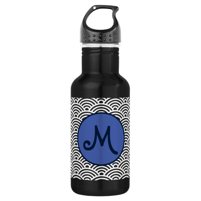 Japanese Seigaiha Wave Pattern with Monogram Stainless Steel Water Bottle (Front)