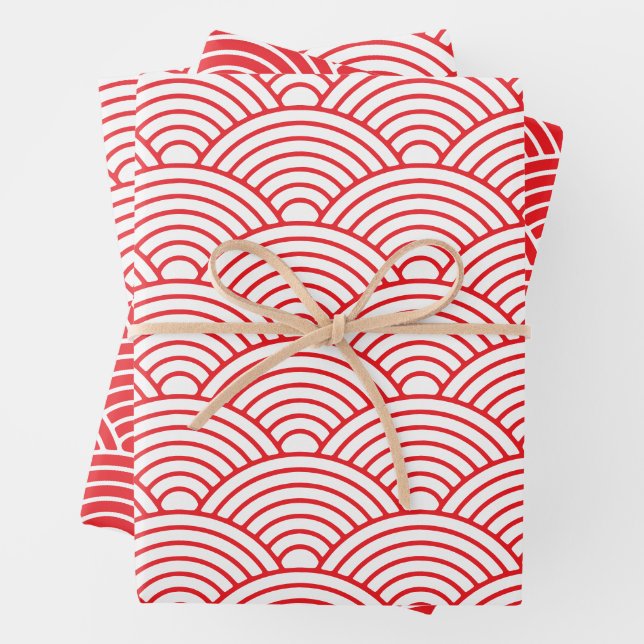 Japanese Seigaiha Wave | Red and White Wrapping Paper Sheets (In situ)