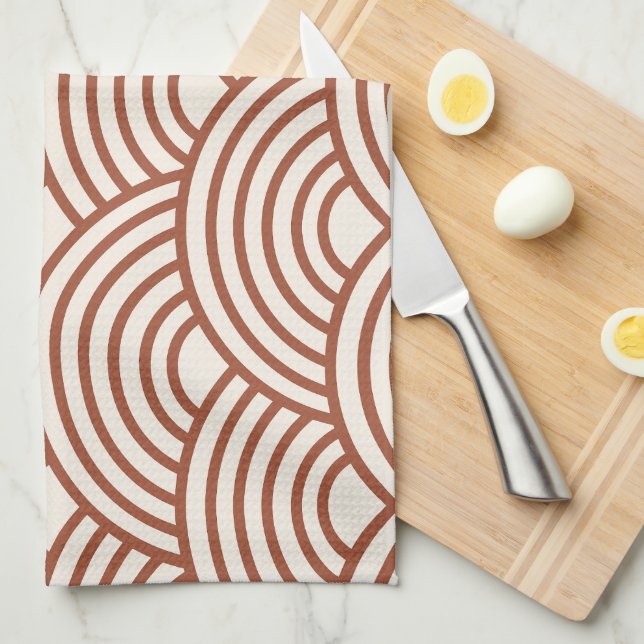 Japanese Seigaiha Wave Rust Terracotta Kitchen Towel (Quarter Fold)