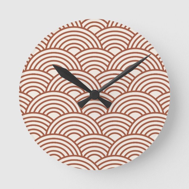 Japanese Seigaiha Wave Rust Terracotta Round Clock (Front)
