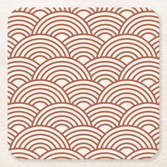 Japanese Seigaiha Wave Rust Terracotta Square Paper Coaster (Front)
