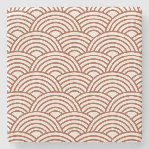 Japanese Seigaiha Wave Rust Terracotta Stone Coaster