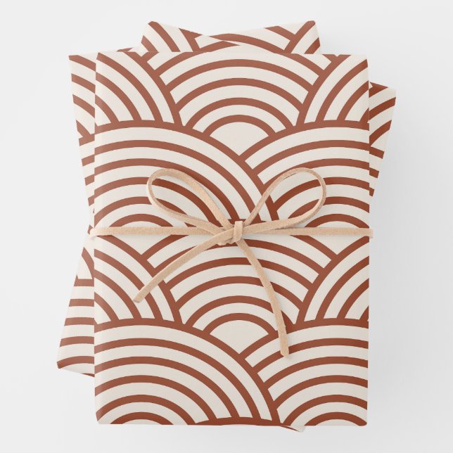 Japanese Seigaiha Wave Rust Terracotta Wrapping Paper Sheets (In situ)