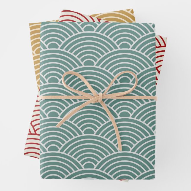 Japanese Seigaiha Wave | Sage Geen, Mustard, Red Wrapping Paper Sheets (In situ)